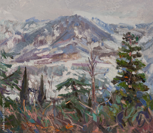 Wallpaper Mural Snow-covered spruce on a cliff oil painting. Winter landscape. Author's illustration with oil paints. Cover for notebooks sketchbooks website design. Fabulous New Year mood. Modern realistic painting Torontodigital.ca