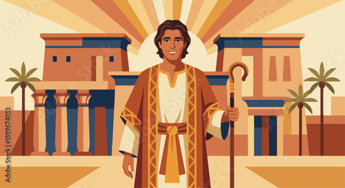 Joseph Becomes a Leader
Illustration prompt:

Vector illustration of Joseph standing in Egypt, wearing simple robes that suggest leadership. The palace is shown, Bible