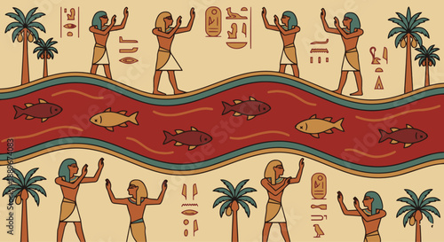 Water of the Nile Turned to Blood
Flat vector illustration, solid colours, ancient Egypt wall painting style — The Nile is shown as a horizontal band across the scene, 