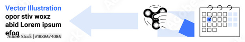 Time management, focus improvement, productivity tools, stress relief, scheduling, goal setting. A hand holds a fidget spinner with an arrow pointing to a marked calendar. Time management and focus