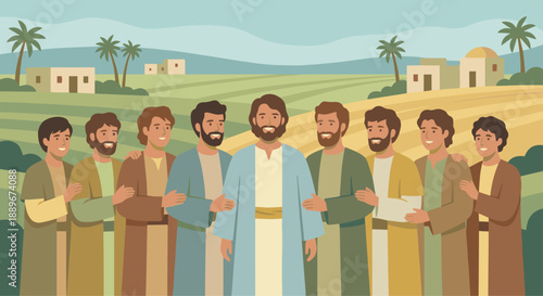  A New Beginning Together
Illustration prompt:

Joseph and his brothers stand together as one family. The background shows simple fields and homes, drawn with clean vector shapes. Bible