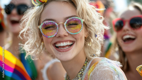 Group of friends at pride parade waving rainbow flag, wearing colorful glitter sunglasses and smiling joyfully in celebration