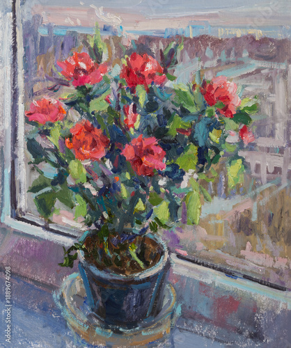 Wallpaper Mural Red roses indoor oil painting. Indoor plants are a hand-drawn illustration. Modern author's art of painting. The concept of romance love and beauty. Bright artistic postcard for March 8th Mother's Day Torontodigital.ca