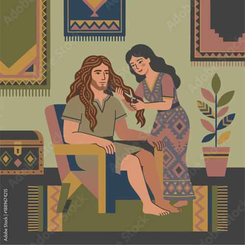 Delilah and the Secret

Illustration prompt:
Samson sits peacefully while Delilah leans closer, scissors shown clearly but gently. Samson’s long hair is a strong visual focus. bile