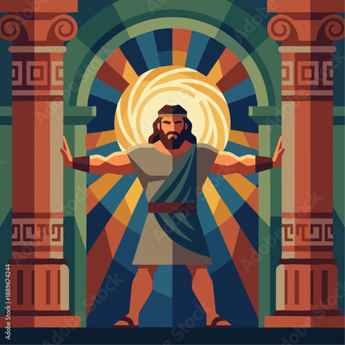 Strength Returns

Illustration prompt:
Samson stands between two large pillars, hands placed firmly against them. Light shines around him in a simple flat shape, symbolizing God’s strength returning. 