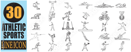  athletic sports line icon collection on light blue