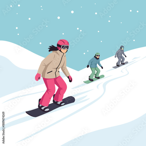 Dynamic illustration of three people snowboarding down a snowy mountain during winter