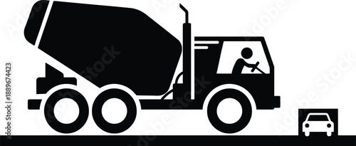 Simple illustration of a cement mixer truck and a small car