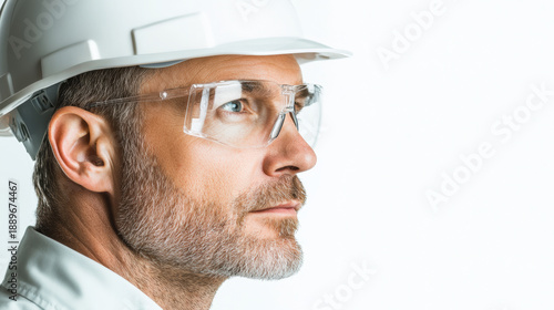 Male engineer white hard hat safety glasses closeup portrait confident expression