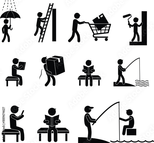Pictograms of daily activities and hobbies like fishing and reading