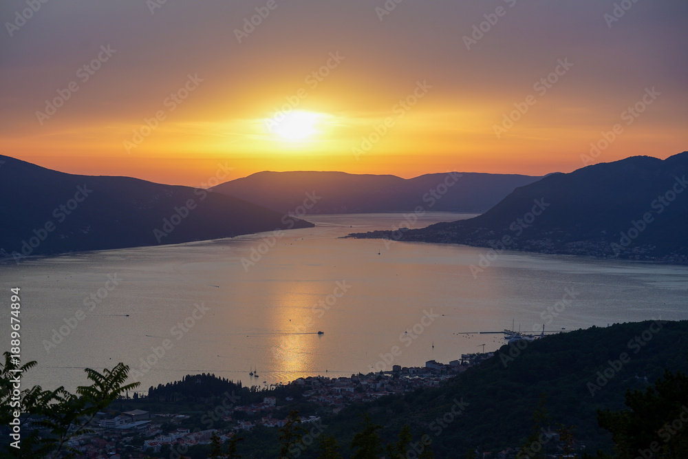 Fototapeta premium Sunset over Kotor Bay near Tivat, Montenegro – Scenic Adriatic Coast and Panoramic Evening View