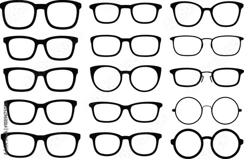 A collection of various spectacle frames in black silhouette