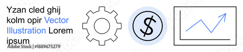 Economy, business planning, financial strategy, market growth, investment analysis, productivity. Gear, dollar sign in a circle and a line graph with an upward arrow. Economy and business planning