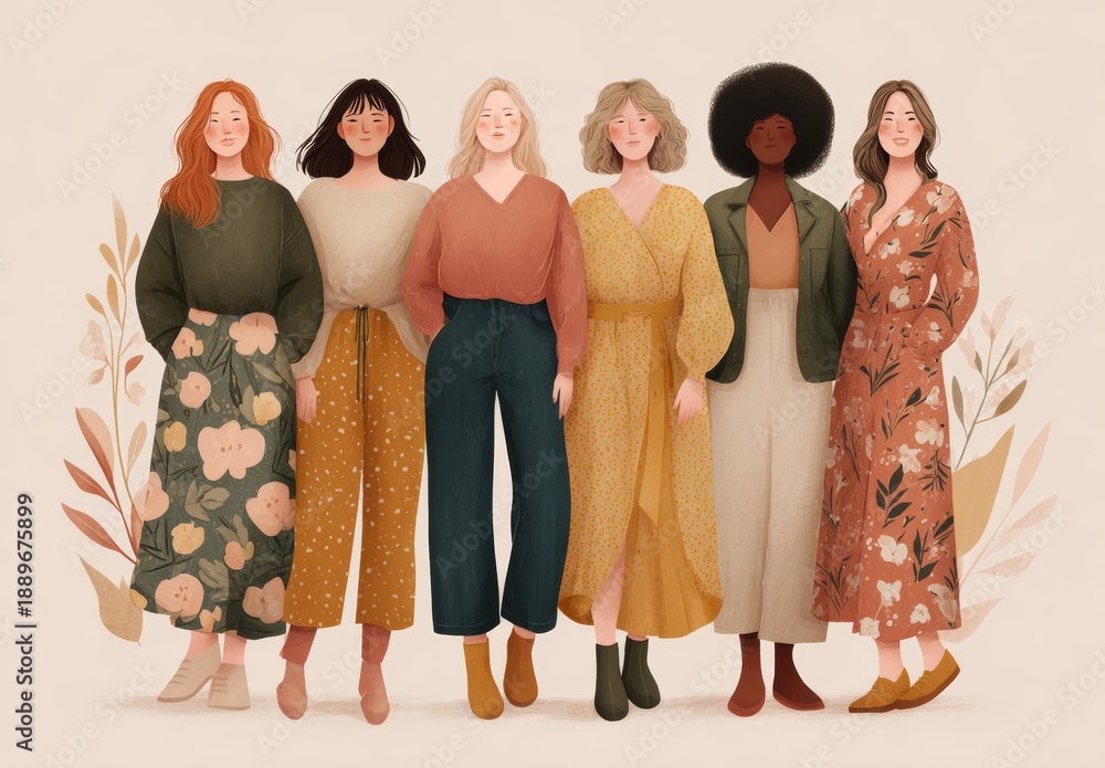 Fototapeta premium International Women's Day spotlights multi-ethnic women, a group of beautiful women of varied beauty, hair, and skin color, illustrating femininity, diversity, independence, equality, and the quest