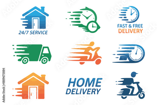 Set of delivery service icons with various transport methods and speed indications on white background