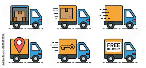 Colorful delivery trucks icons with packages clock map key and free delivery text for cargo transport services