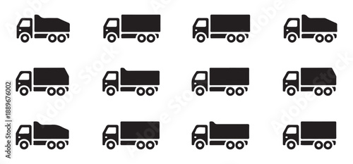 Delivery truck icons set with various cargo body styles isolated on white background for logistics industries