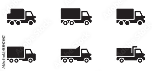 Small delivery van icons set for local logistics and urban shipping services with black vector silhouettes