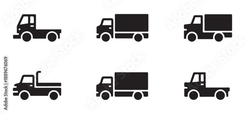Set of simple black and white icons depicting various delivery trucks on an isolated white background