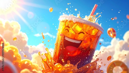 Cartoon iced tea cup with smiling face and splashing liquid on a sunny day.