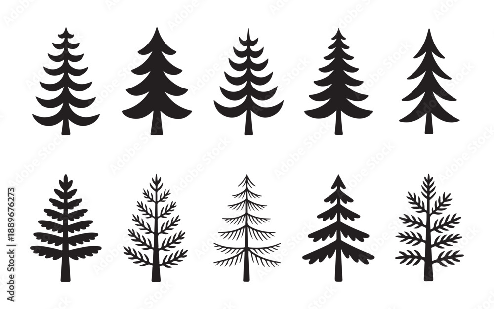 Obraz premium Stylized cartoon Christmas trees simple pine fir spruce winter forest festive holiday graphic elements