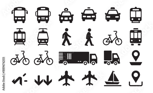A comprehensive set of transport icons featuring various vehicles people and location pins