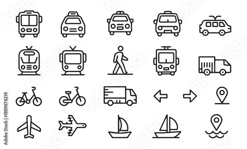 Collection of outline transport icons depicting vehicles people and navigational elements on white background