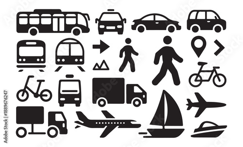 Diverse set of transport icons in solid black style featuring vehicles people and navigation tools