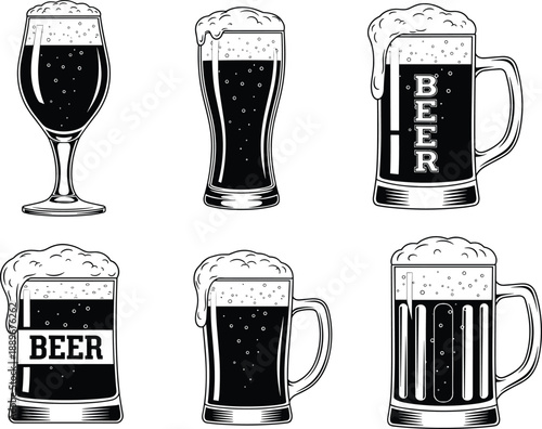 Beer glass and mug illustration set, black and white vector, craft beer drink icons, foamy beverage design collection