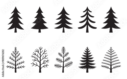 Set of black silhouette christmas trees isolated on white background pine and fir icons for winter decoration