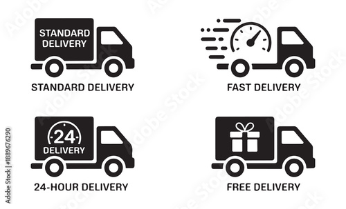 Set of four icons representing different delivery services for e-commerce business including standard fast 24 hour and free delivery options