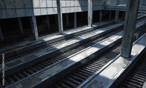 Silent Screw Synod - Conveyors row, dolly, cool glow, gunmetal shadow, aesthetic with function transport tenet, cargo vanished testament.