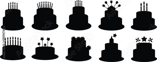 Birthday cake silhouettes, black cake icons, celebration dessert vector, candle topper clipart, party graphic decoration bundle