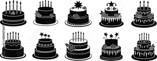 Birthday cake silhouettes, black cake icons, celebration dessert vector, party clipart set, candle topper graphic bundle