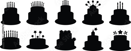 Birthday cake silhouette icons, black vector desserts, candle toppers, celebration 
