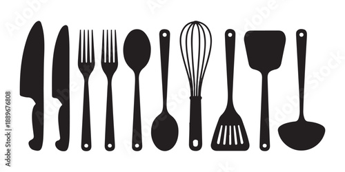 Cooking utensils silhouettes featuring spatula whisk ladle spoon forks and knives for kitchen design projects