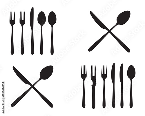 Collection of various cutlery icons spoon fork knife arranged in groups and crossed for graphic design