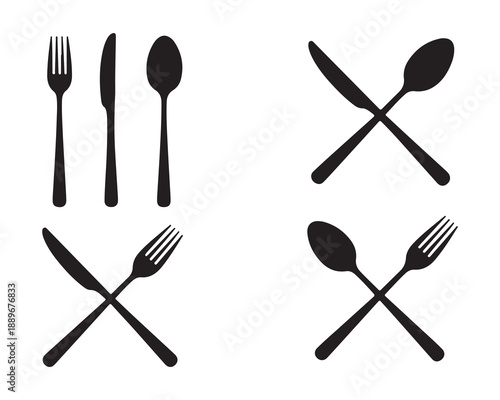 Abstract compositions of silverware icons spoon fork knife crossed elements for culinary design concepts