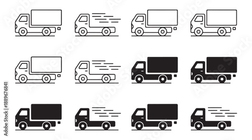 Commercial delivery van line icons set showing express shipping logistic transport and distribution service