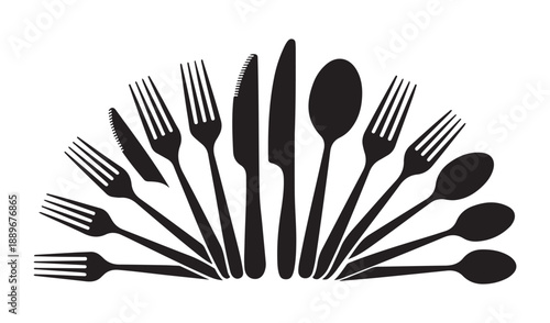 Fan arrangement of kitchen utensils fork knife spoon icons spread out on white background for culinary websites