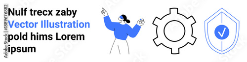 Woman wearing VR headset pointing upward, a gear symbolizing technology, and a shield with a checkmark for security. Ideal for innovation, virtual reality, technology, data protection, user