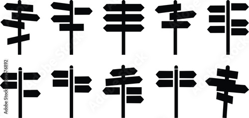 Black directional signpost silhouette icons, navigation arrows, travel guidance symbols, decision-making signs, wayfinding vector set, isolated