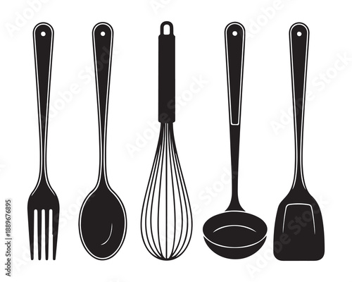 Basic kitchen utensil icons fork spoon whisk ladle and spatula arranged in row isolated on white background