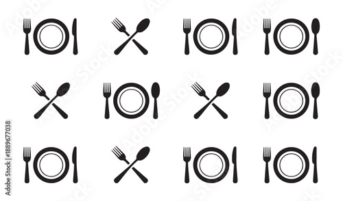 A diverse collection of plate and cutlery icons showing different table setting combinations and layouts