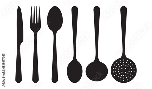 Collection of black silhouettes of kitchen utensils including knife fork spoon ladle and strainer