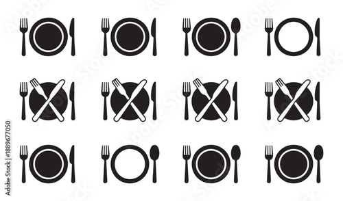 Multiple arrangements of plates forks knives and spoons represent various dining settings and styles
