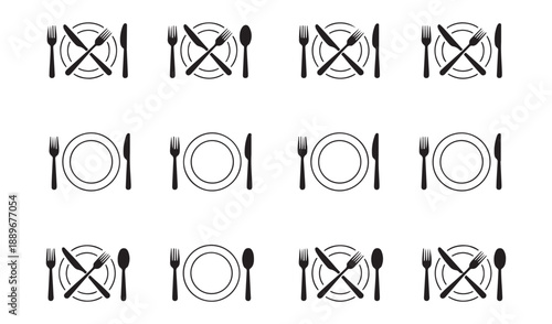 Table setting icons with plates forks knives and spoons arranged in various configurations for dining