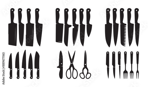 Chef kitchen knives silhouettes set collection including cleaver santoku utility paring and carving cutlery