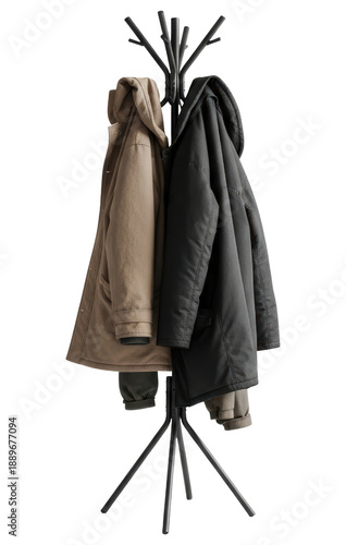 Metal coat stand with hanging brown and black winter jackets on a transparent background