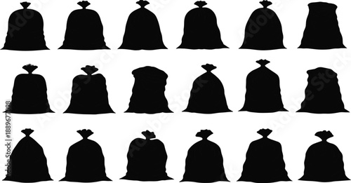 Black garbage bag silhouettes set, trash sack collection, waste disposal packagon